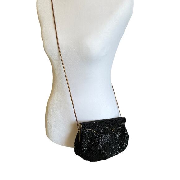 VTG BLACK Heavily BEADED EVENING purse gold trim clutch Bechamel CROSSBODY prom - Picture 5 of 15
